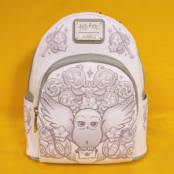 Loungefly Harry Potter Hedwig Owl Ornamental White Grey Embossed Mini Backpack - Picture 1 of 10